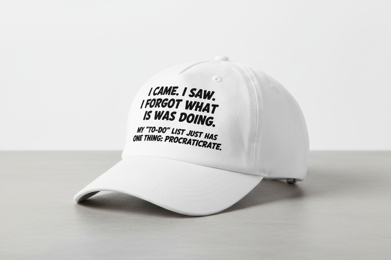  A white cap with funny quotes on it